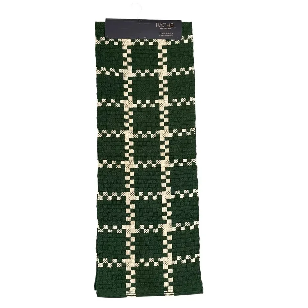 Rachel Roy Checkered Jute Table Runner 16x90 Christmas Holiday Green Cream New